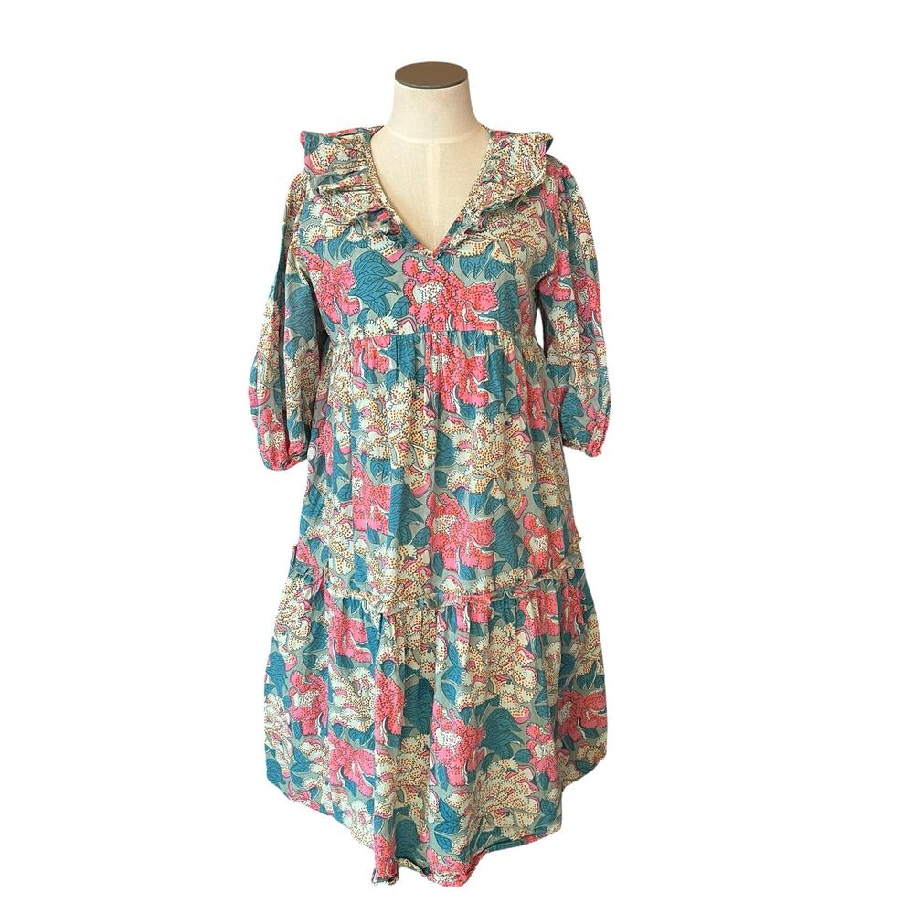 Saule Parc Womens Boho Cottage Prairie Babydoll Ruffle Floral Dress Sz S